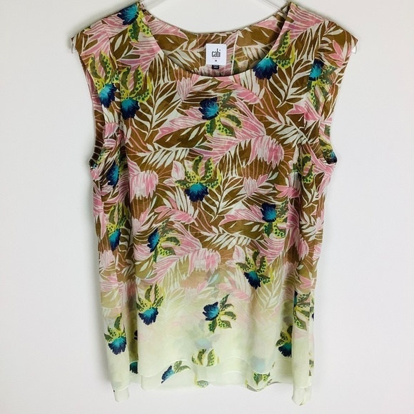 CAbi 5216 Tropical Print Parlor Top Split Back Layered Tank Blouse Womens Sz M - Picture 1 of 10